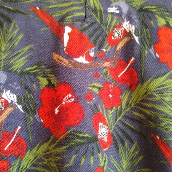 90s Tabasco Polo Shirt blue with red with hibiscus flowers - Picture 3 of 5